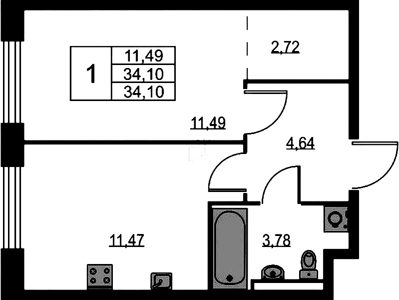 1-комнатная квартира 34.1 м², 1/11 эт., ЖК «Квартал Лаголово»